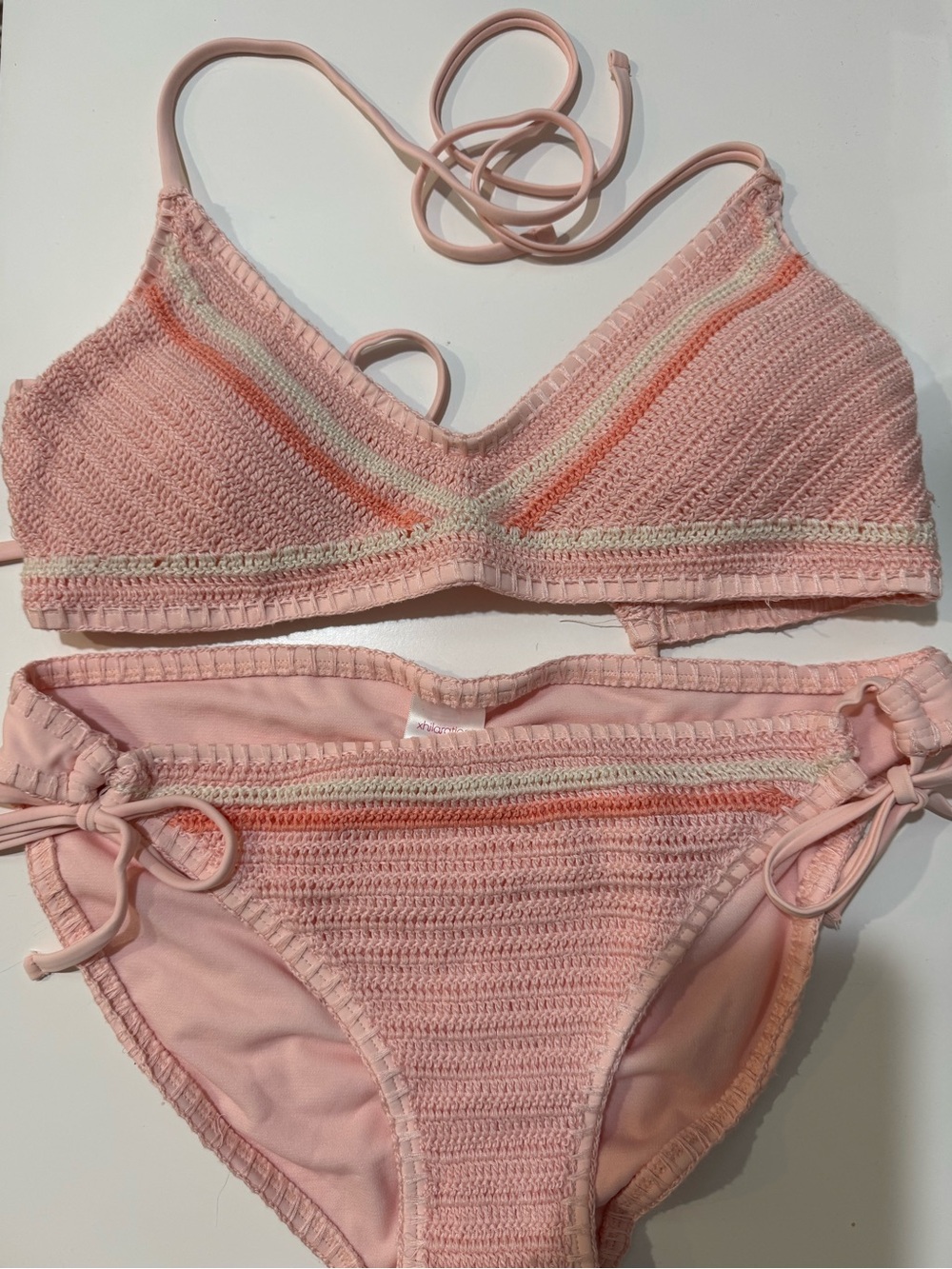 Pink Crochet Bikini Set - Soft Stripe Detail